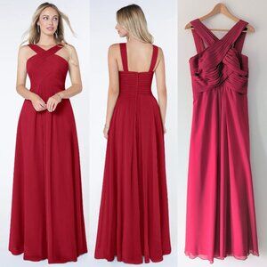 Azazie Kaleigh A-Line Pleated Maxi Dress in Scarlet Red Size 8
